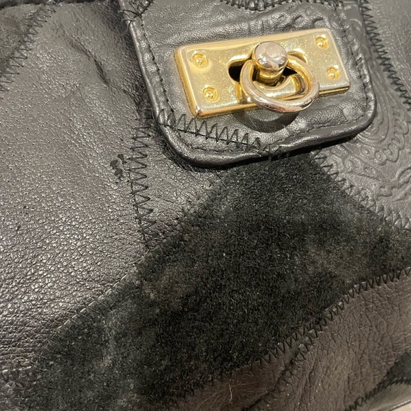 Vintage Black Patchwork Shoulder Handbag Purse Bag Gladstone Doctor Bag Opening - Picture 6 of 14